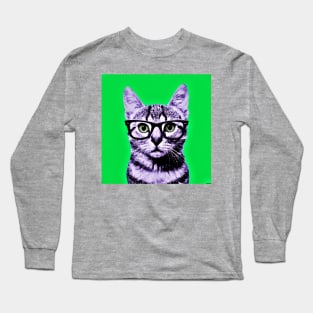 Pop Art Geek Cat in Green Background - Print / Home Decor / Wall Art / Poster / Gift / Birthday / Cat Lover Gift / Animal print Canvas Print Long Sleeve T-Shirt